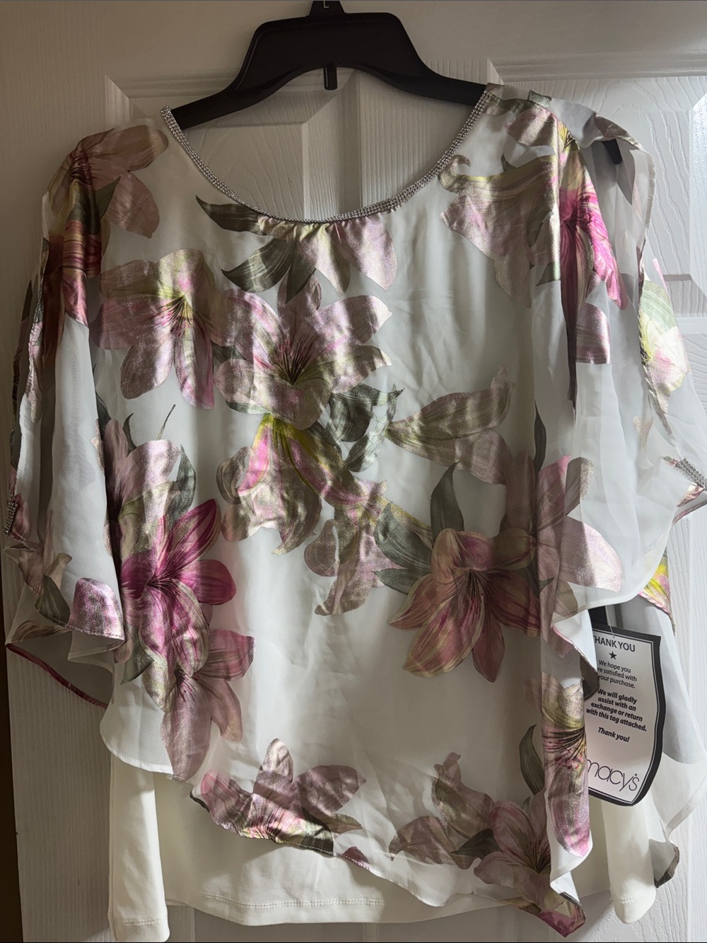 MSK Sheer Floral Overlay Tunic in White with Pink & Green Accents